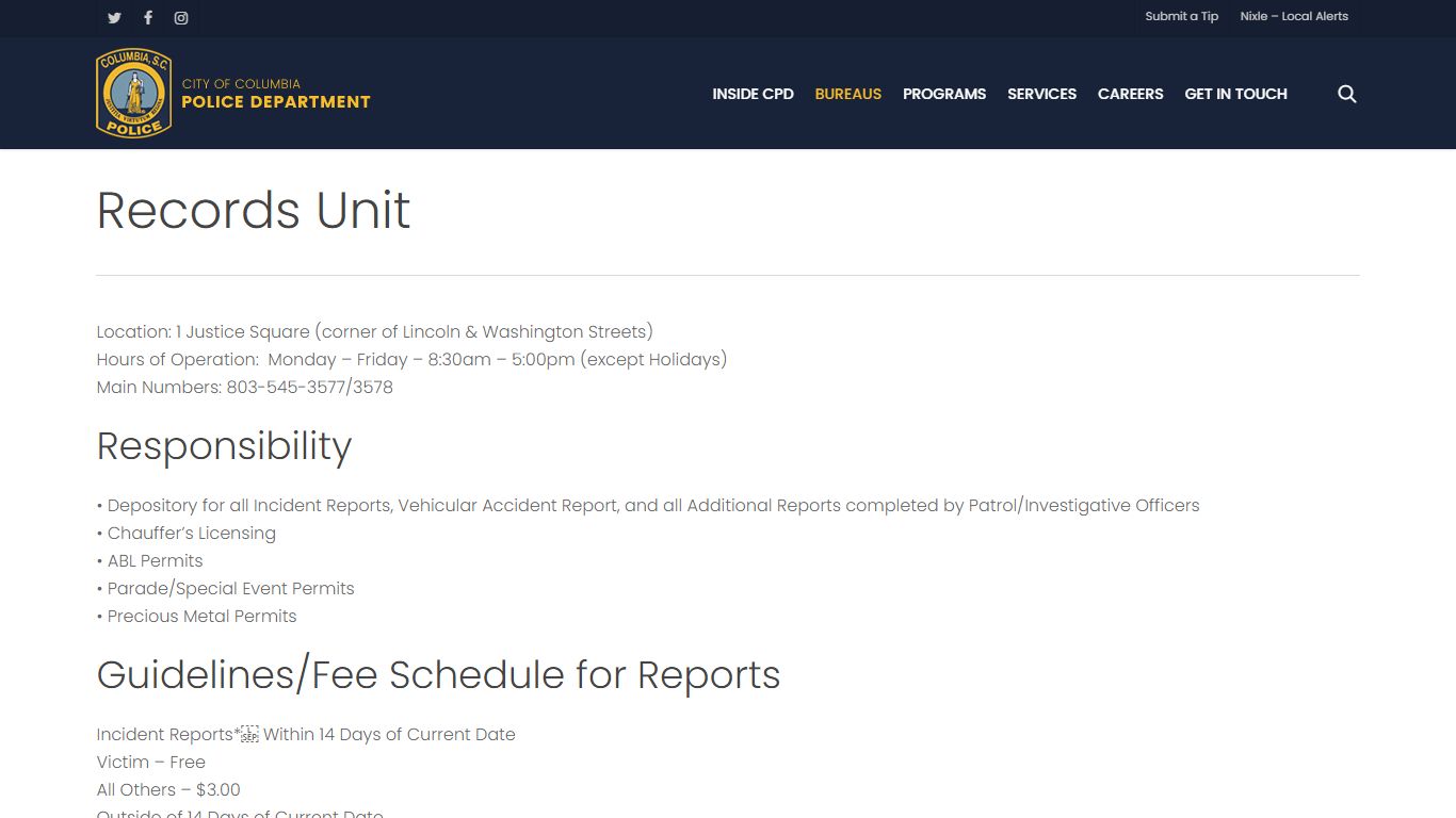 Records Unit – City of Columbia Police Department